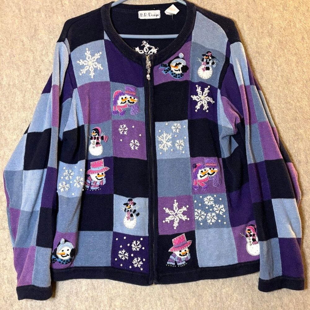 Vintage B.P. Design Snowman Zip Up Cardigan Womens L Christmas Grandma